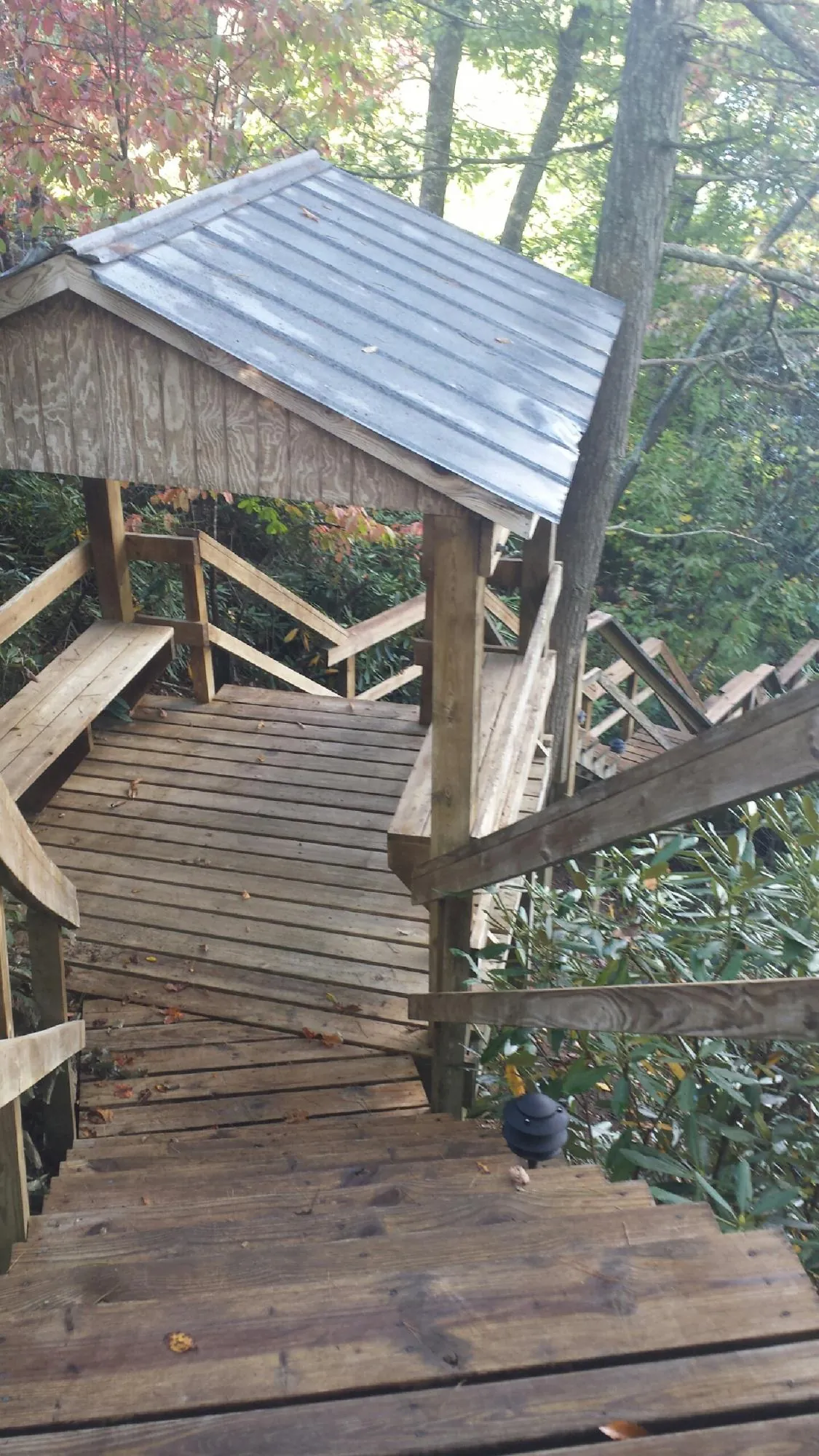 Metal roofed shelter over wooden steps on a wooded walkway — Skylight Repair & Installation work by our crew in Clyman